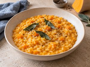 Adaçayı ve karabiberle servis edilen krema kullanılmamış balkabaklı risotto