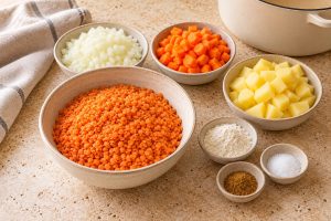 Kırmızı mercimek, soğan, havuç, patates, un ve baharatlar