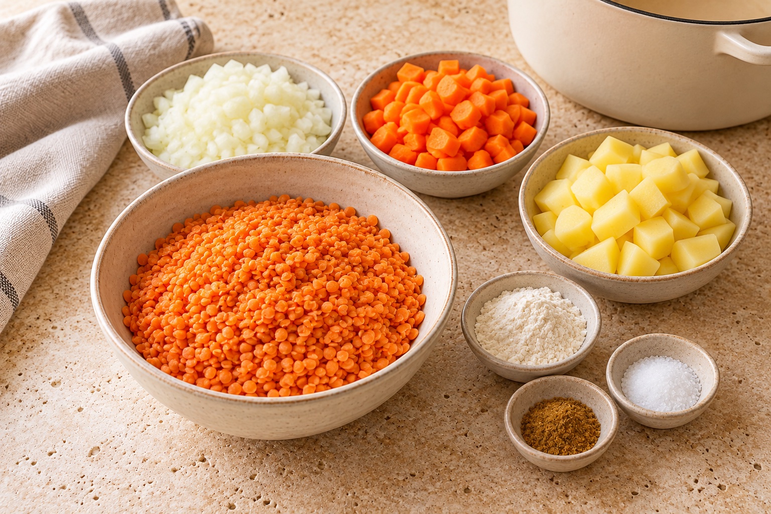 Kırmızı mercimek, soğan, havuç, patates, un ve baharatlar