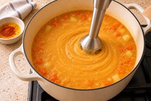 Pişen mercimek çorbasının el blenderıyla pürüzsüzleştirilmesi