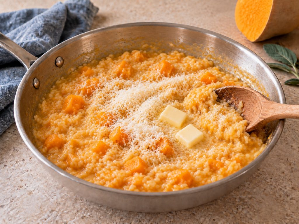 Ocaktan alınmış balkabaklı risottoya soğuk tereyağı ve ince rendelenmiş parmesan eklenmesi
