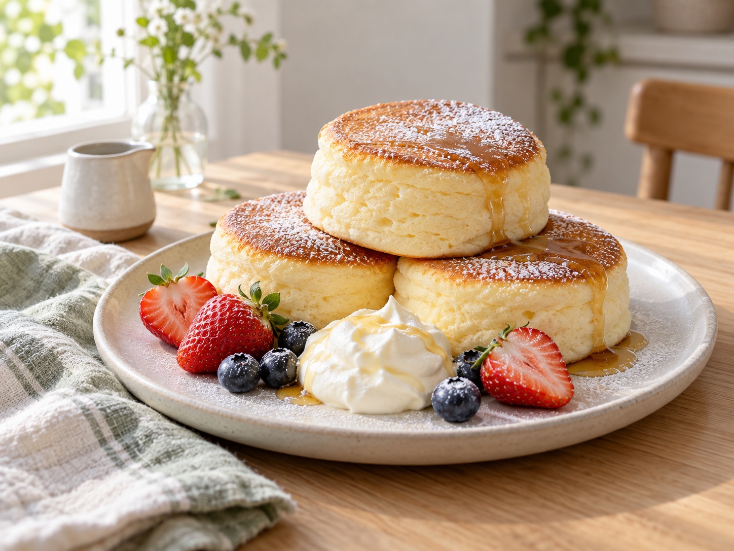 Meyve ve krema ile servis edilen dört pofuduk Japon sufle pancake