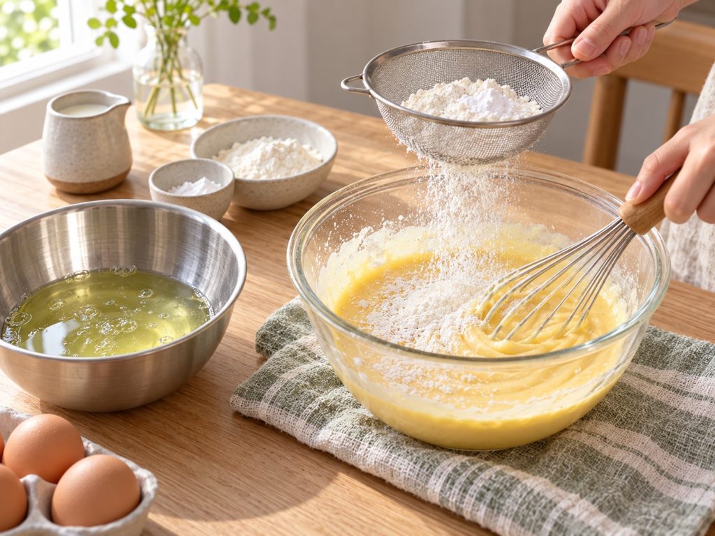 Flour being sifted into the yolk batter with egg whites in a separate bowl