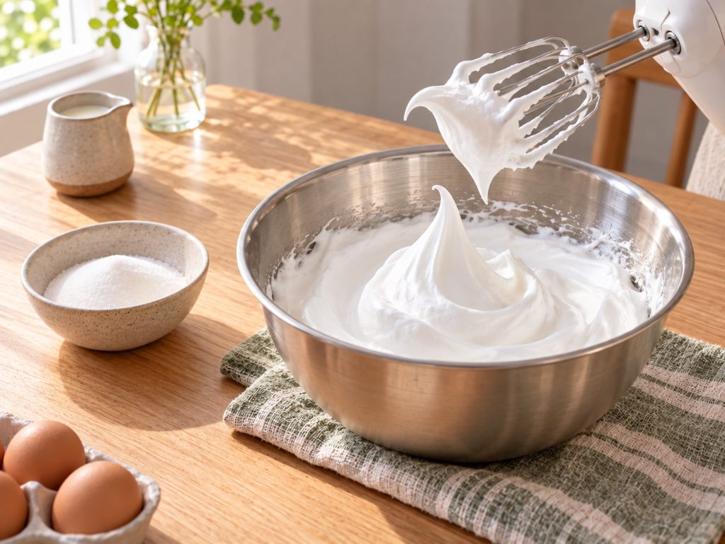 Glossy egg-white meringue holding a firm peak on a lifted whisk