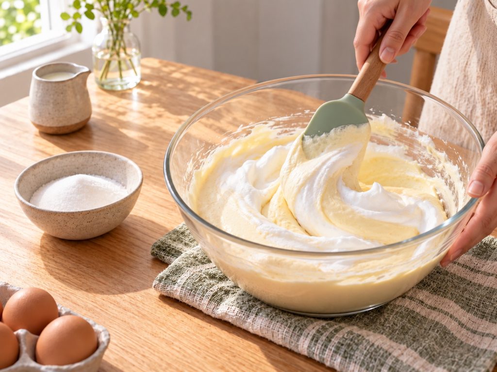 Meringue being folded into the yolk batter from bottom to top