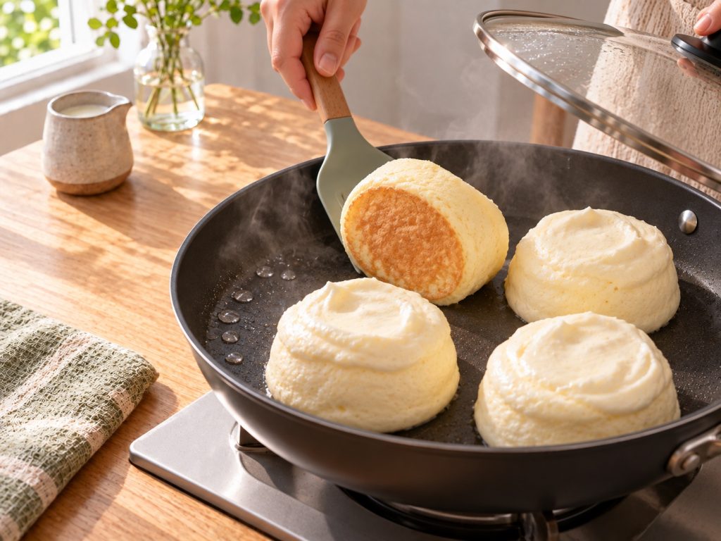Tall mold-free pancakes being flipped in a covered nonstick skillet